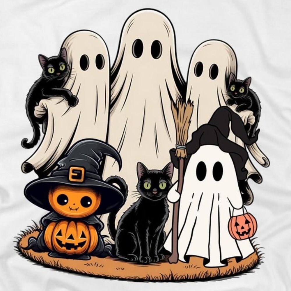 Vintage Halloween Ghost and Cat T-Shirt - Picture 2 of 3